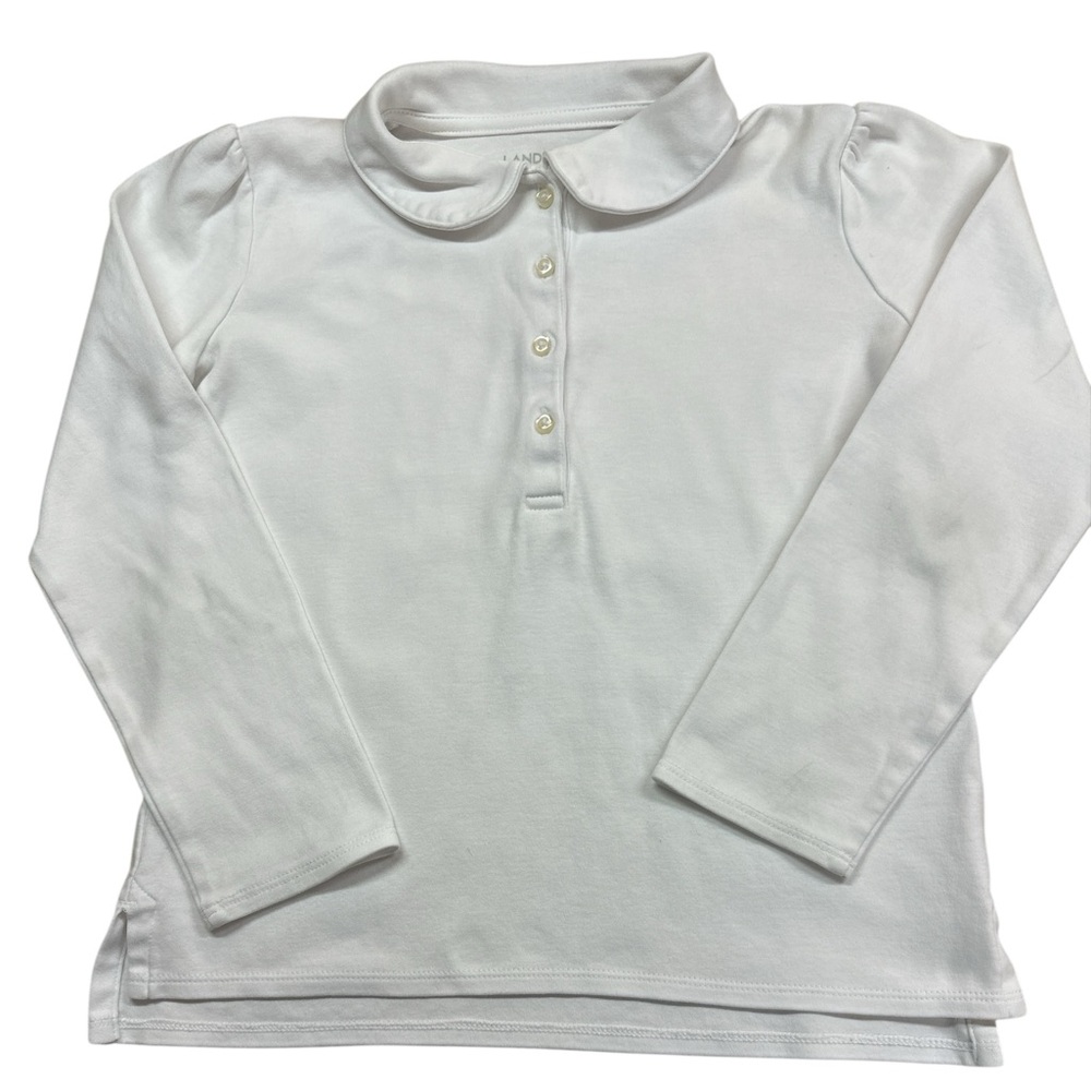 Lands End Girls White Longsleeved Uniform Top Four Button w Rounded Collar S6x-7